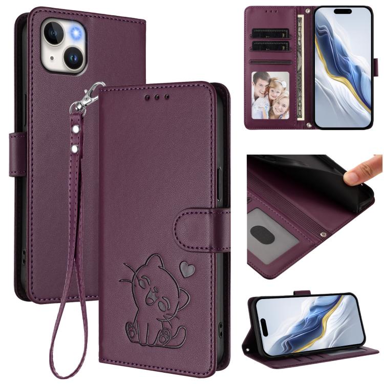 Embossed Heart Cat Leather Phone Case with Hand Strap, For iPhone 14 / 13, For iPhone 14 Pro