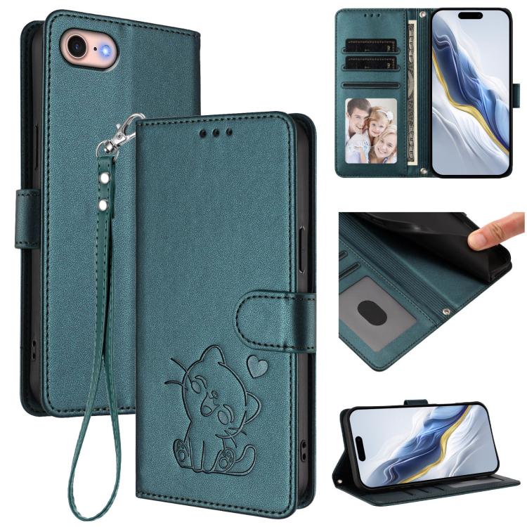Embossed Heart Cat Leather Phone Case with Hand Strap, For iPhone 14 Pro Max, For iPhone 7 / 8 / SE 2022