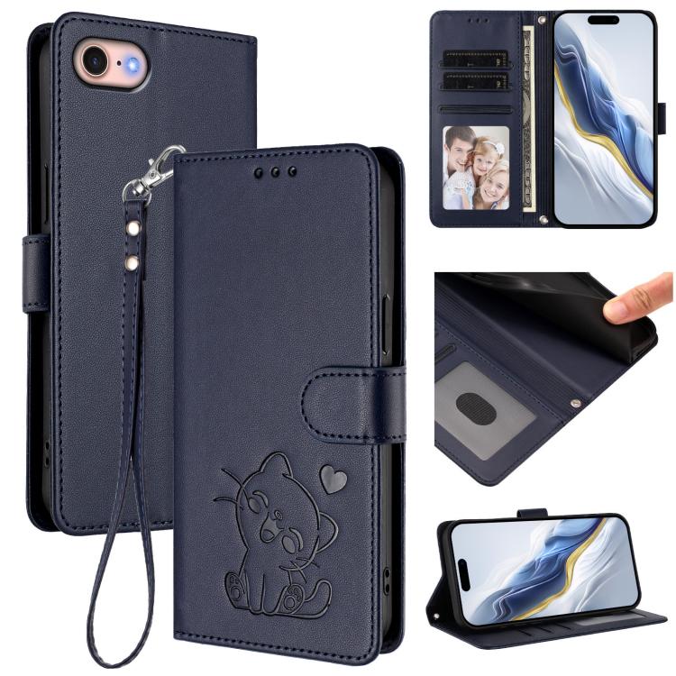 Embossed Heart Cat Leather Phone Case with Hand Strap, For iPhone 14 Pro Max, For iPhone 7 / 8 / SE 2022