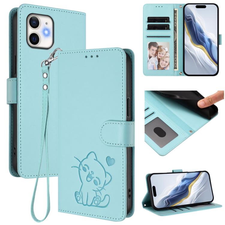 Embossed Heart Cat Leather Phone Case with Hand Strap, For iPhone 12 Pro Max, For iPhone 12 mini