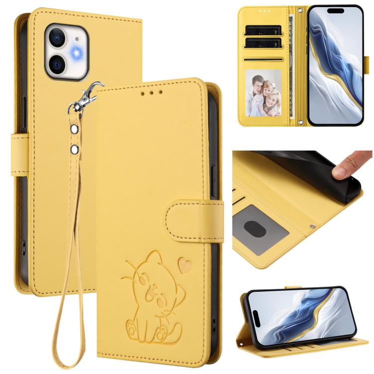 Embossed Heart Cat Leather Phone Case with Hand Strap, For iPhone 12 Pro Max, For iPhone 12 mini