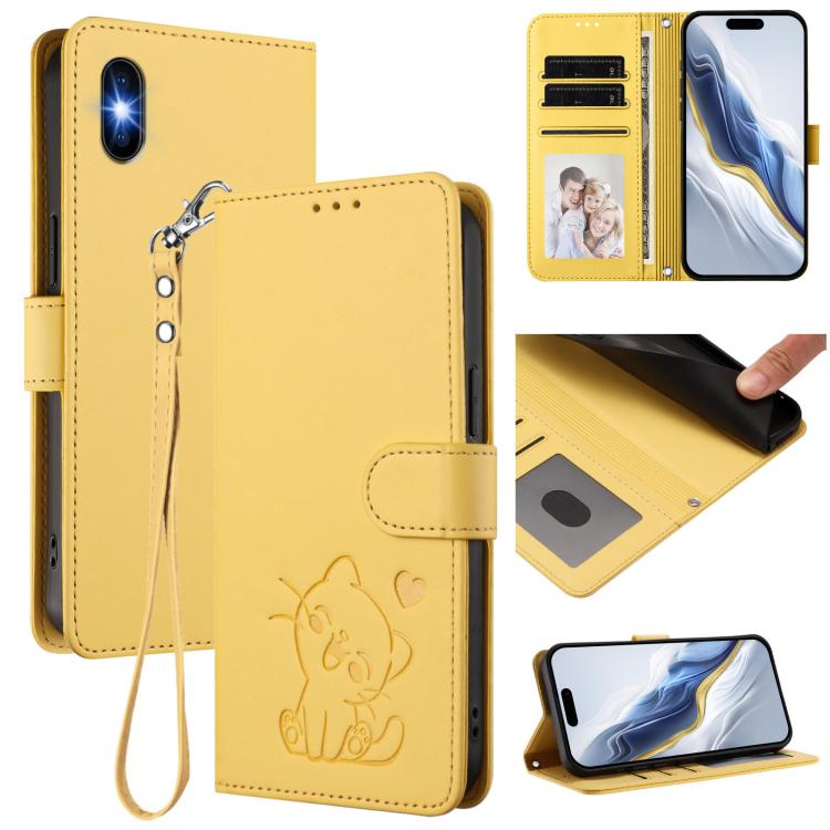Embossed Heart Cat Leather Phone Case with Hand Strap, For iPhone XR, For iPhone XS Max