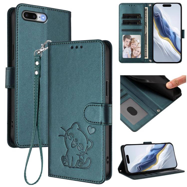 Embossed Heart Cat Leather Phone Case with Hand Strap, For iPhone 7 Plus / 8 Plus
