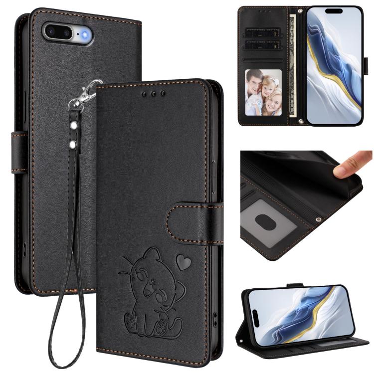 Embossed Heart Cat Leather Phone Case with Hand Strap, For iPhone 7 Plus / 8 Plus