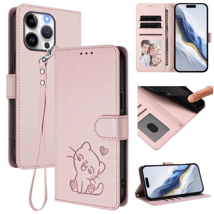 Embossed Heart Cat Leather Phone Case with Hand Strap, For iPhone 14 Pro Max, For iPhone 7 / 8 / SE 2022