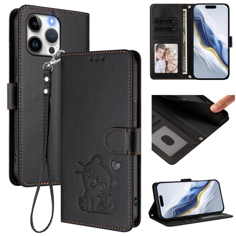 Embossed Heart Cat Leather Phone Case with Hand Strap, For iPhone 14 Pro Max, For iPhone 7 / 8 / SE 2022