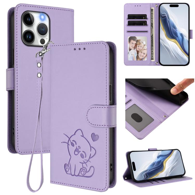 Embossed Heart Cat Leather Phone Case with Hand Strap, For iPhone 13 Pro Max, For iPhone 13 Pro