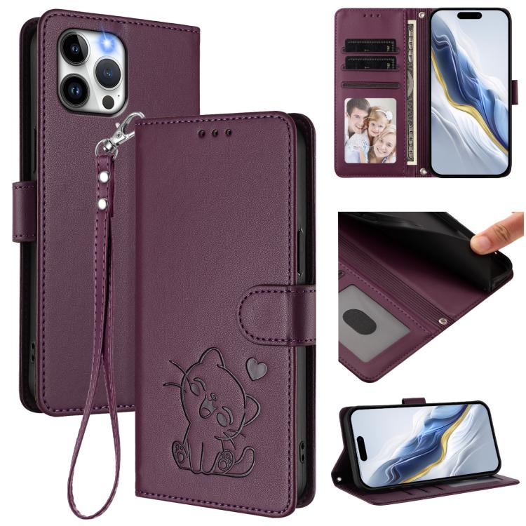 Embossed Heart Cat Leather Phone Case with Hand Strap, For iPhone 12 Pro Max, For iPhone 12 mini