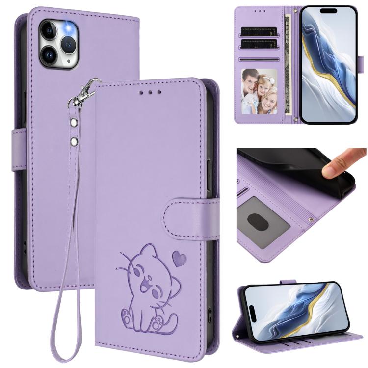 Embossed Heart Cat Leather Phone Case with Hand Strap, For iPhone 11 Pro Max, For iPhone 11