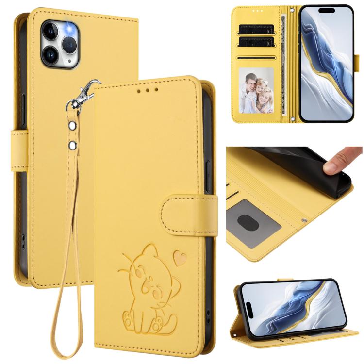 Embossed Heart Cat Leather Phone Case with Hand Strap, For iPhone 11 Pro Max, For iPhone 11