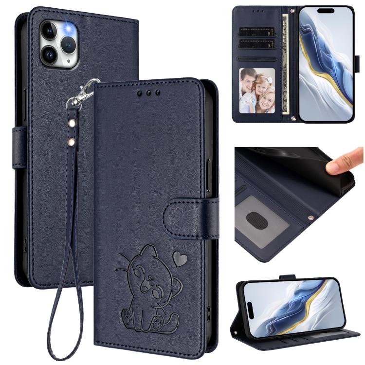 Embossed Heart Cat Leather Phone Case with Hand Strap, For iPhone 11 Pro Max, For iPhone 11