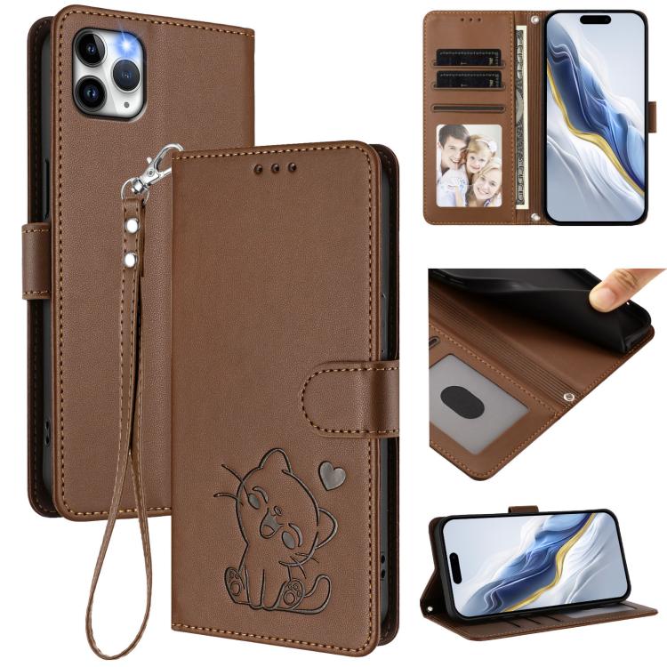 Embossed Heart Cat Leather Phone Case with Hand Strap, For iPhone 11 Pro, For iPhone X / XS
