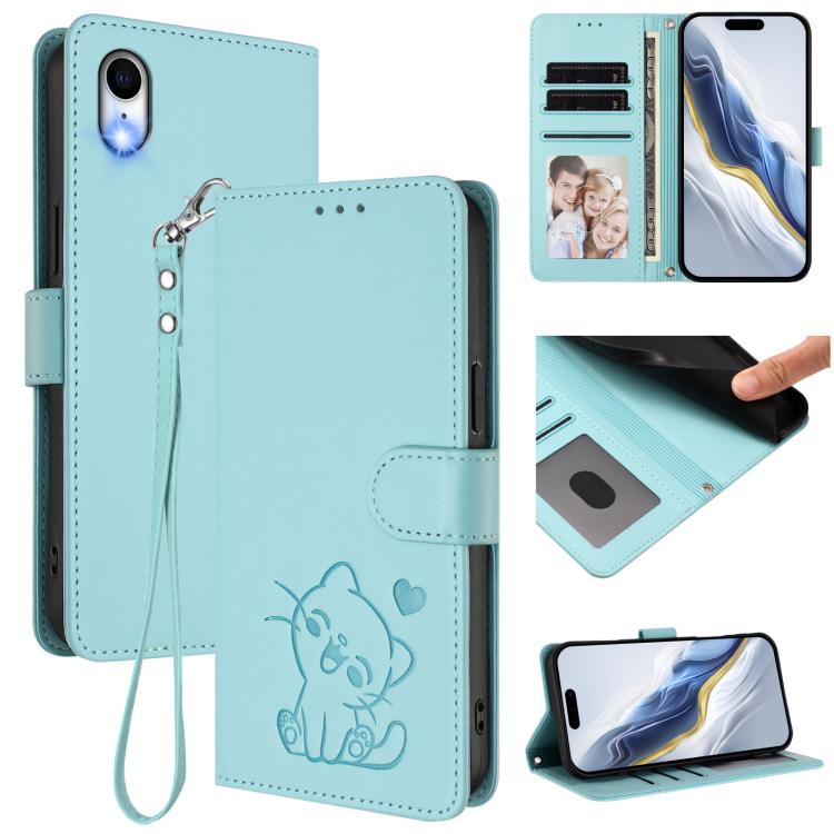 Embossed Heart Cat Leather Phone Case with Hand Strap, For iPhone XR, For iPhone XS Max