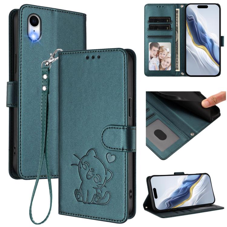 Embossed Heart Cat Leather Phone Case with Hand Strap, For iPhone XR, For iPhone XS Max
