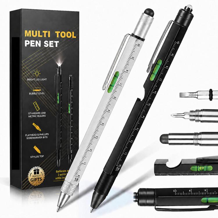 Multifunctional Metal Ballpoint Tool Pen Gift Set with Light, Bottle Opener, Stylus, and Ruler, Lid and Base Box, Color Box