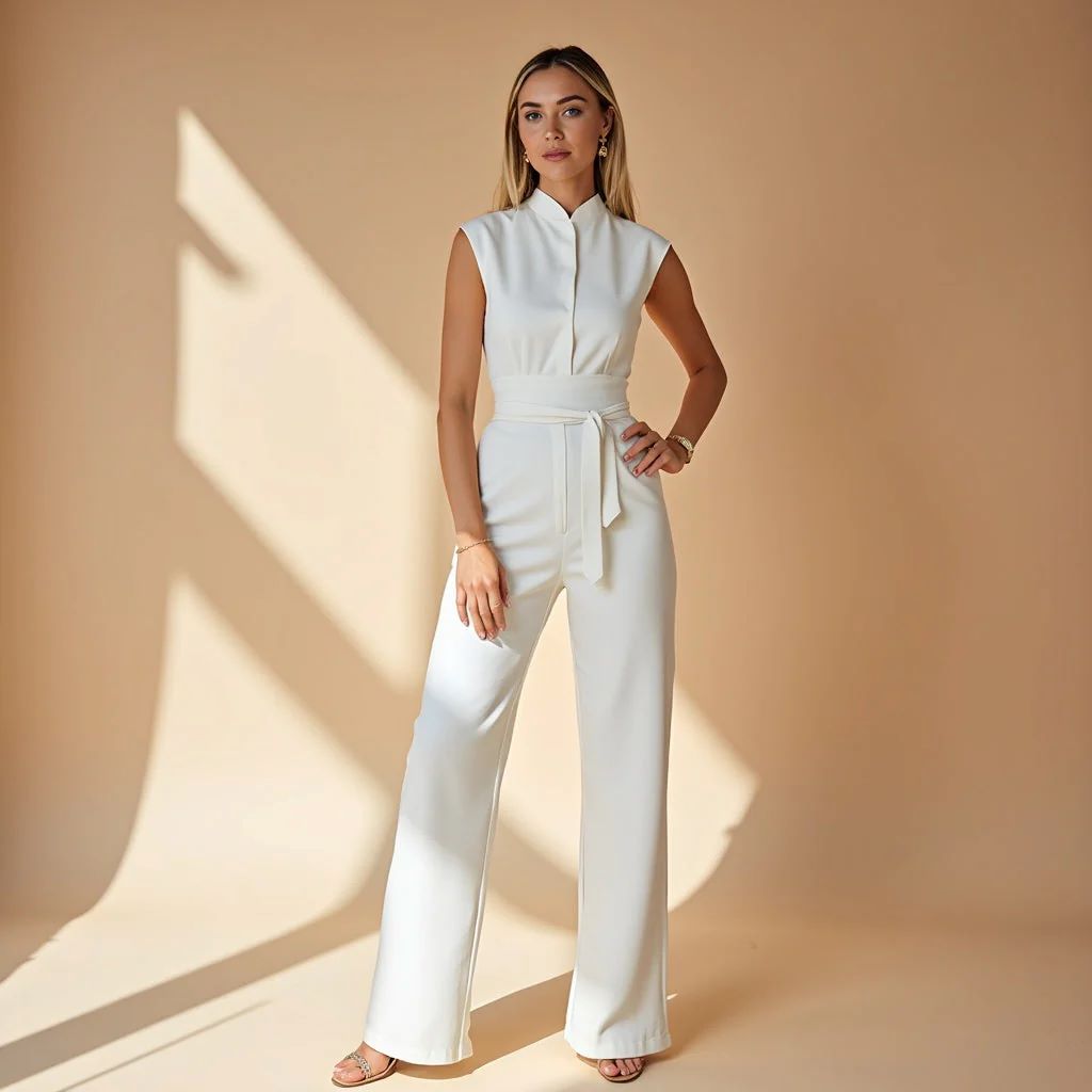 Temperament strap waist cinching jumpsuit sleeveless wide leg pants