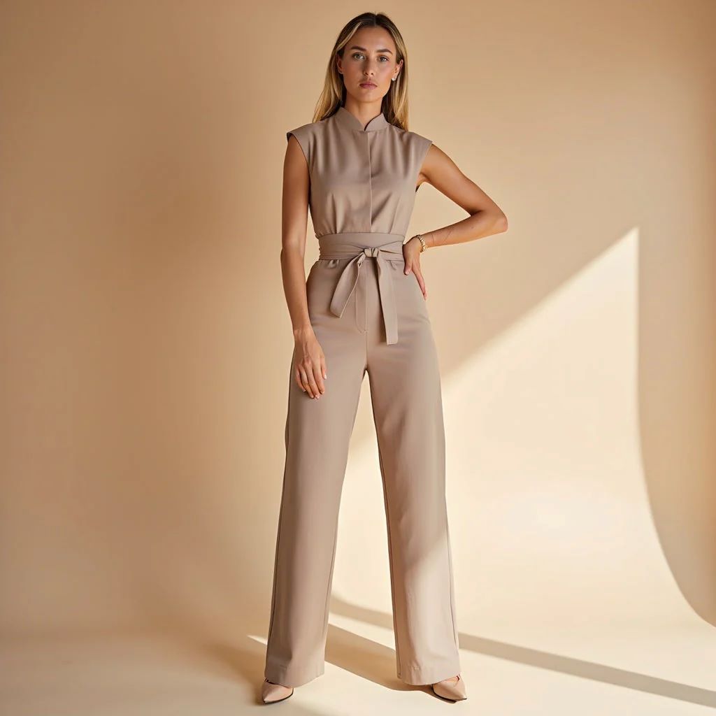 Temperament strap waist cinching jumpsuit sleeveless wide leg pants