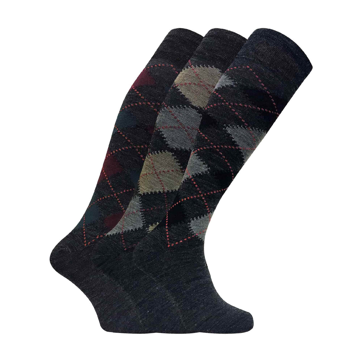 3 Pack Mens Extra Long Knee High Argyle Lambs Wool Socks