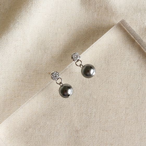 Simple Round Shell Pearls CZ Stud Earrings - Palladium-Plated Silver Pearl Earrings for women - Perfect Pearl Earrings with Gift Wrapping Included