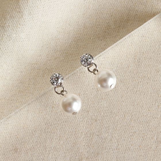 Simple Round Shell Pearls CZ Stud Earrings - Palladium-Plated Silver Pearl Earrings for women - Perfect Pearl Earrings with Gift Wrapping Included