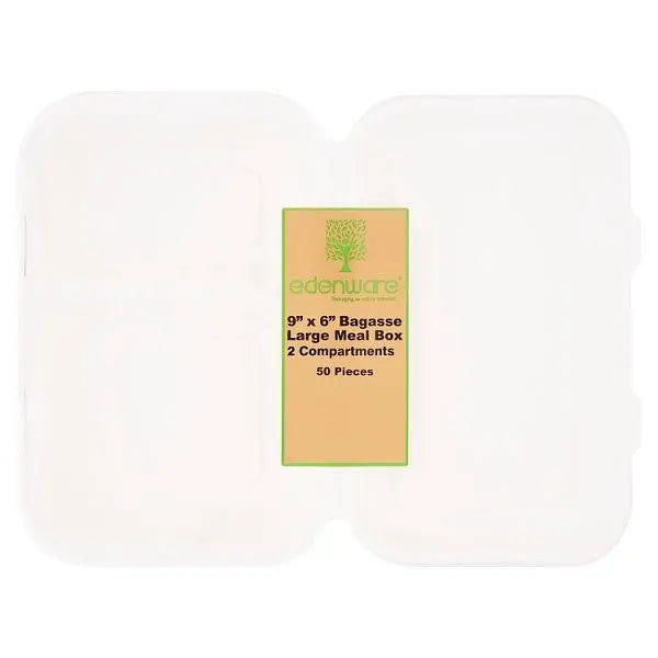 Edenware 9'' x 6" Bagasse Large Meal Box 50 Pieces