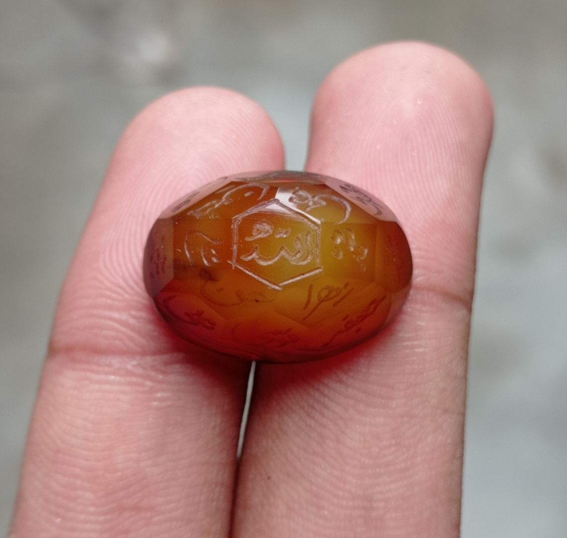 33.9ct Carnelian Carving - Engraved Aqeeq - 12 Imam Name - 23x17mm