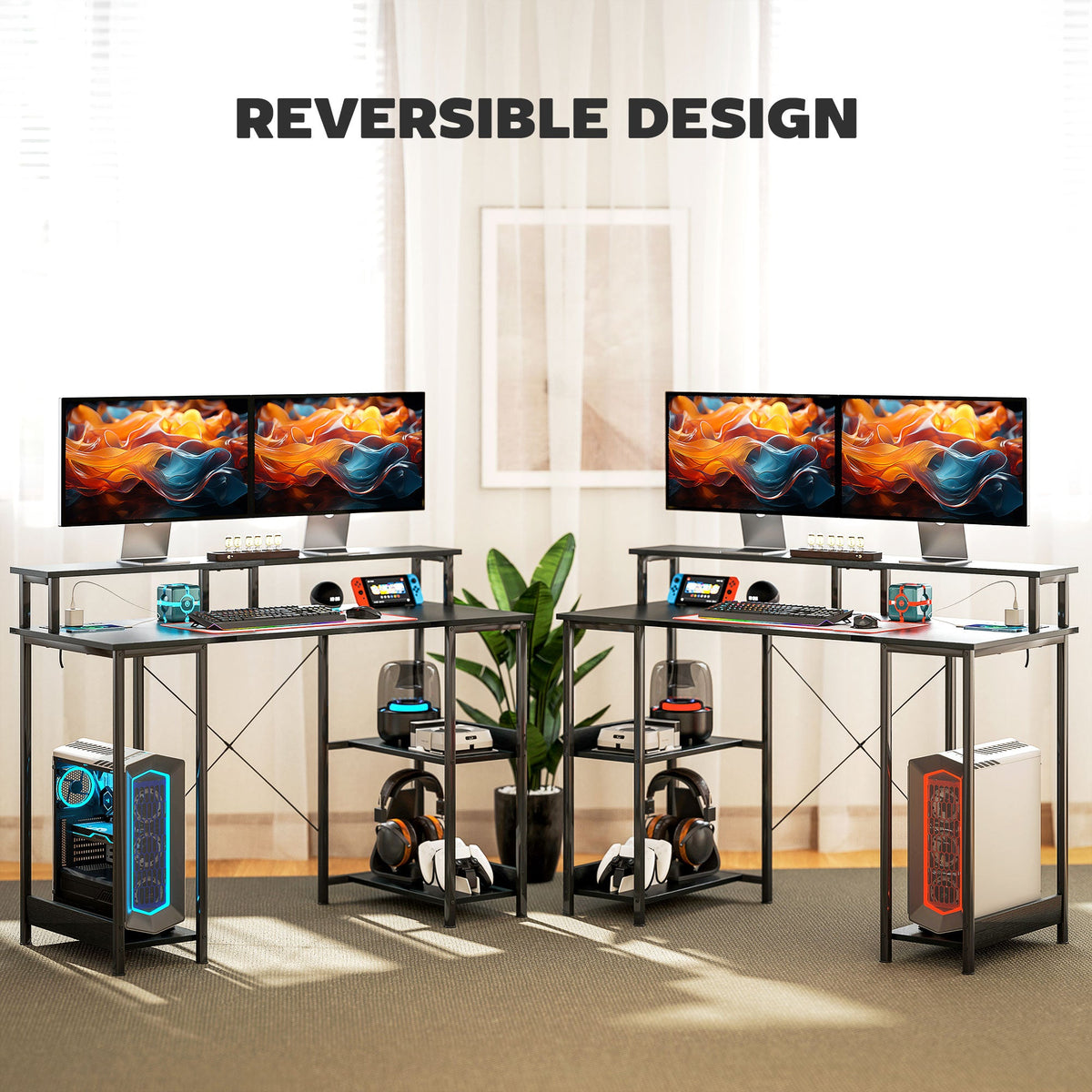 HOMCOM Computer Desk Reversible Home Office Desk with Storage Black