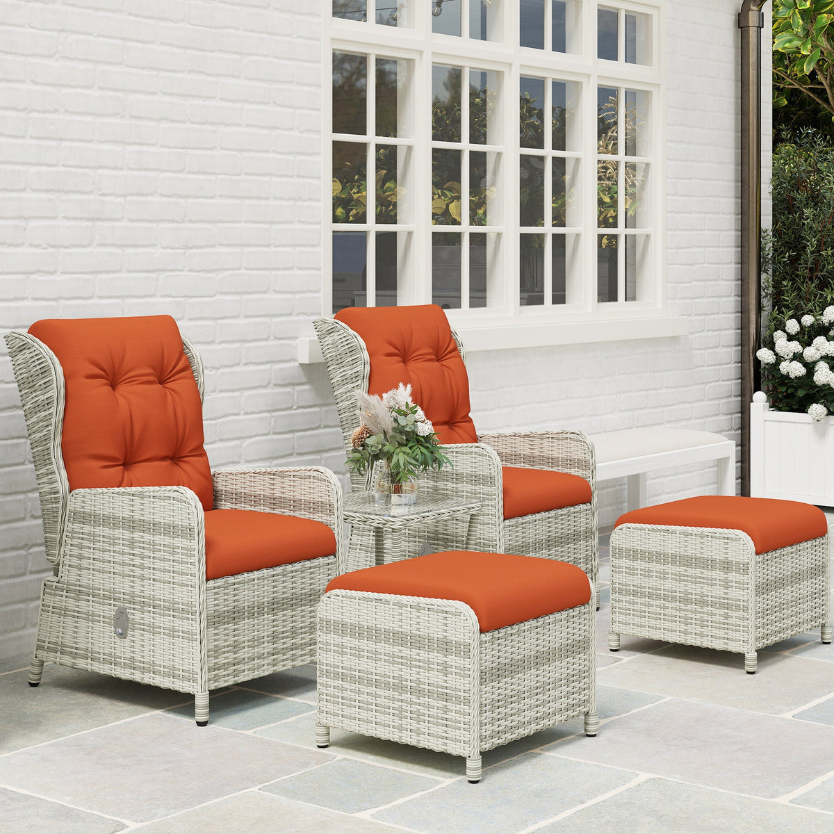 Outsunny Recliner Rattan Garden Furniture w/ Two-tier Table, Orange