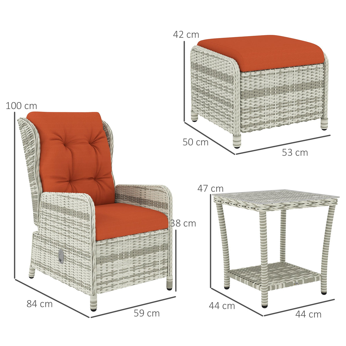 Outsunny Recliner Rattan Garden Furniture w/ Two-tier Table, Orange