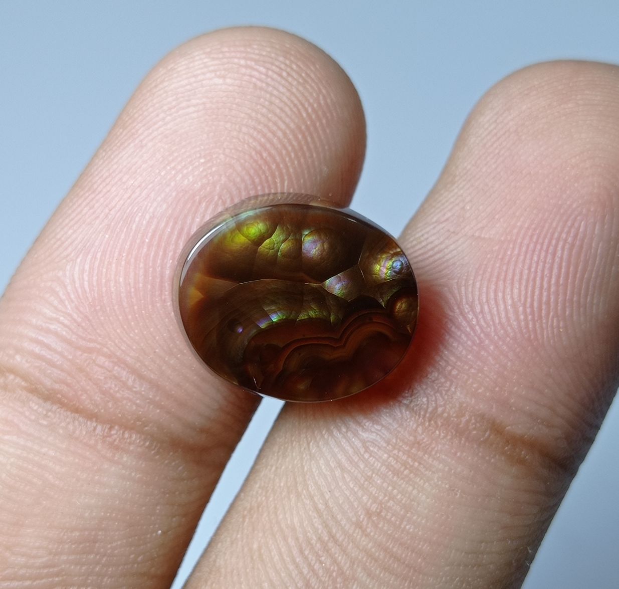 8.4ct Mexican Oval Shape Fire Agate - Purple & Green Fire- Dimensions 15x12x5mm