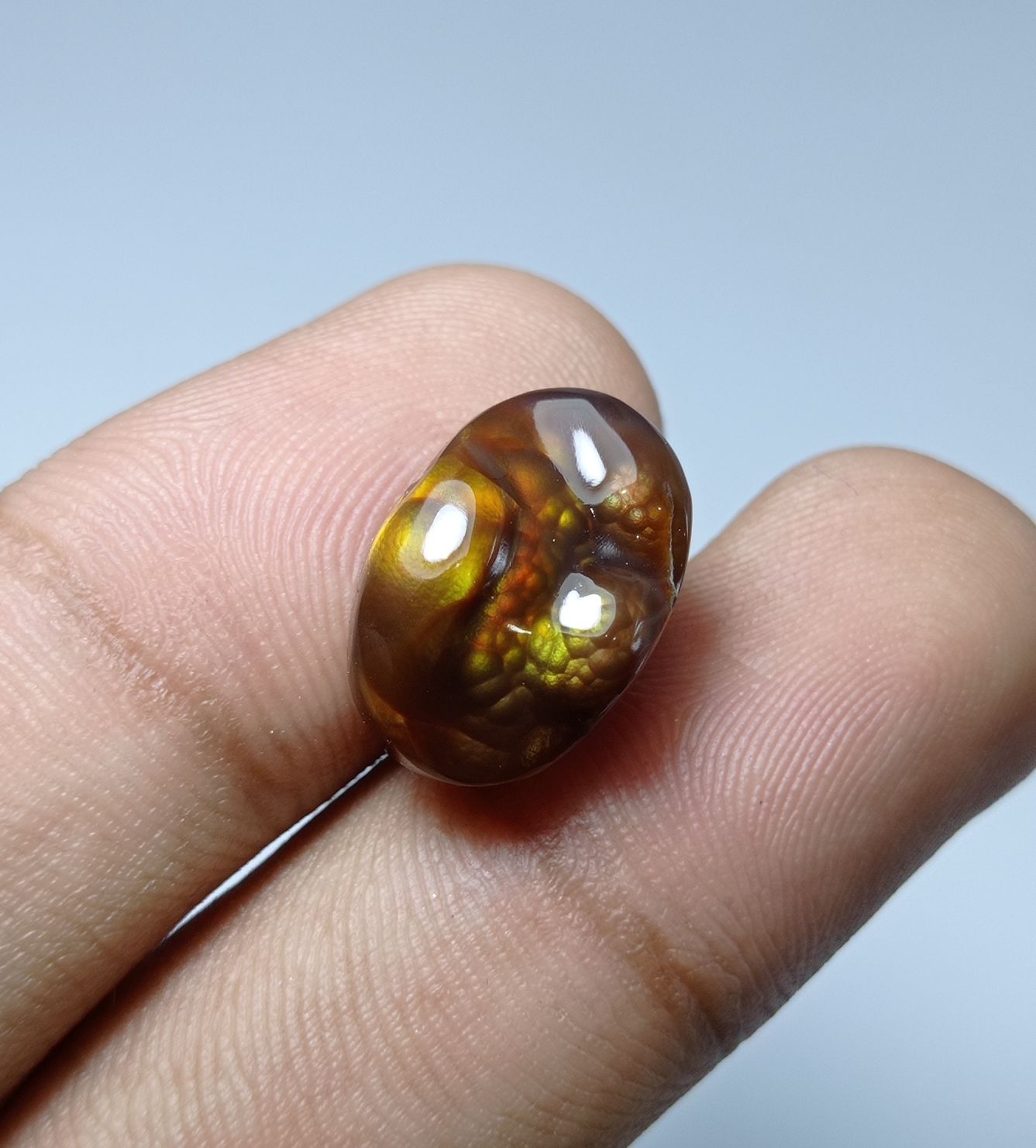 12.5ct Carved Oval Fire Agate - Perfect for ring setting , Dimensions 17x11.5x8mm