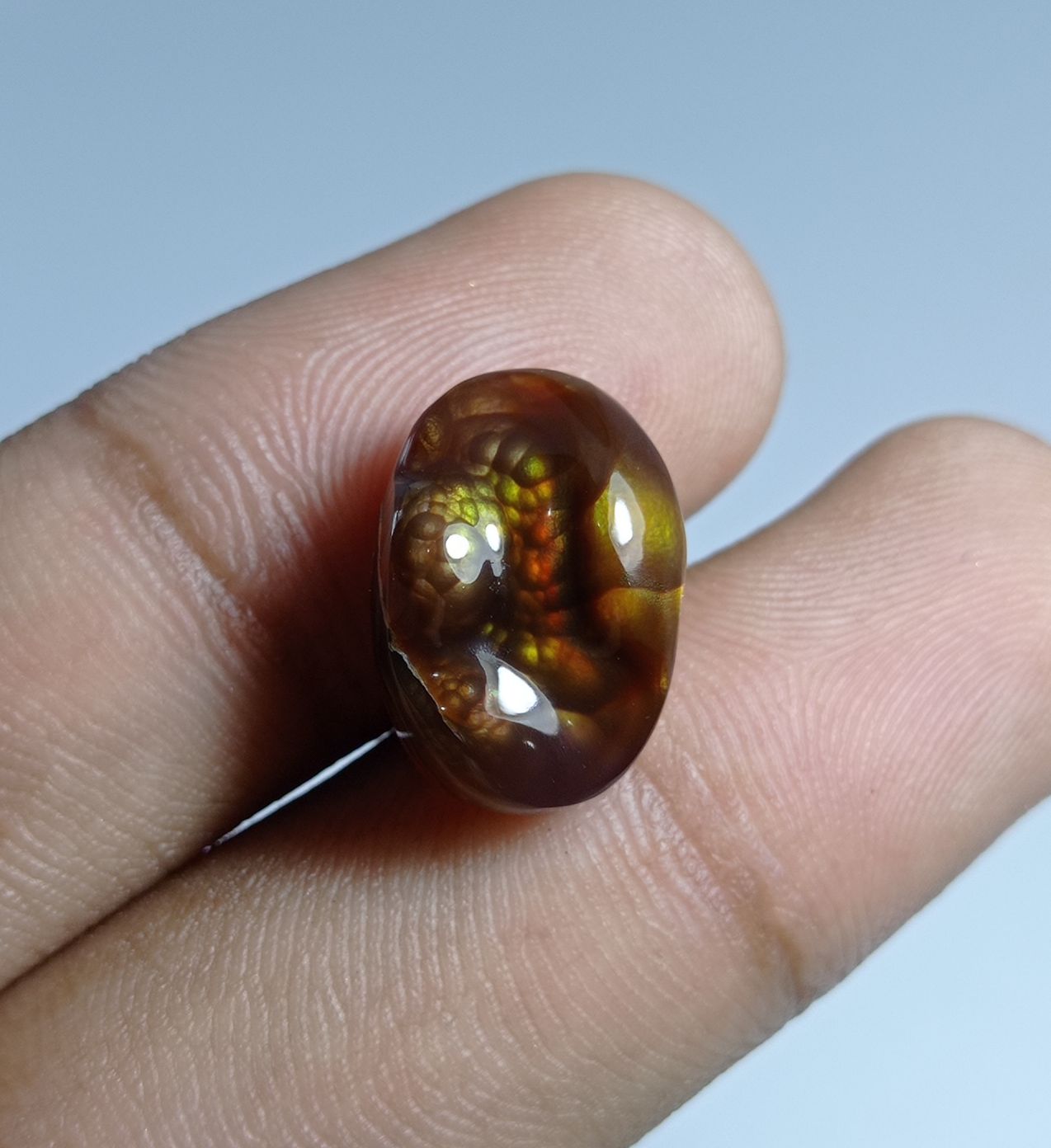 12.5ct Carved Oval Fire Agate - Perfect for ring setting , Dimensions 17x11.5x8mm