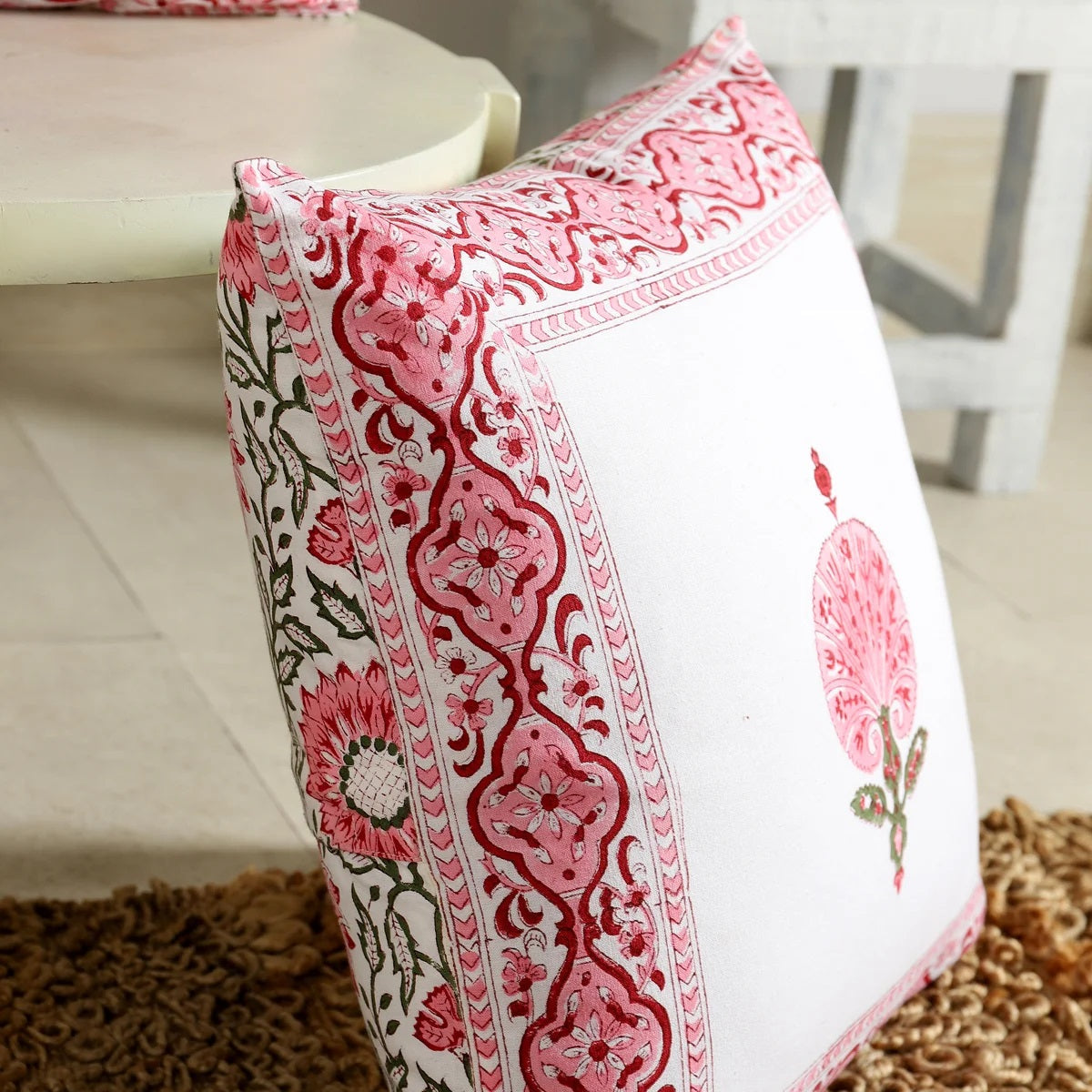 Pink & White Floral Ethnic Cotton Square Cushion Covers