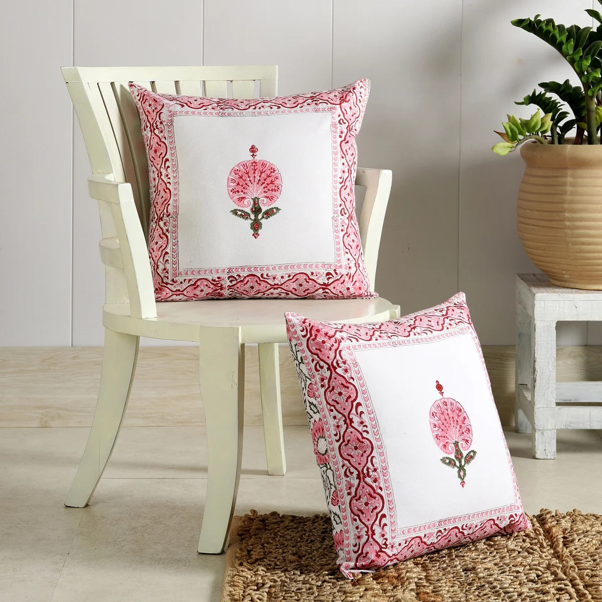Pink & White Floral Ethnic Cotton Square Cushion Covers