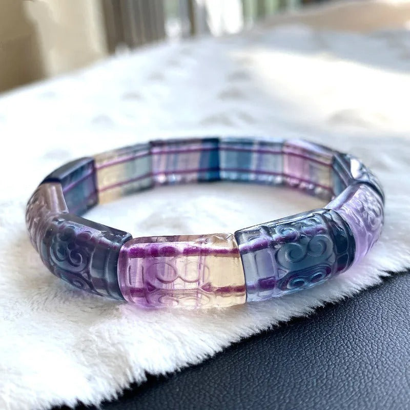 Natural Colorful Fluorite Quartz Gemstone Bracelet, Clear Rectangle Beads Sizes 13x10mm