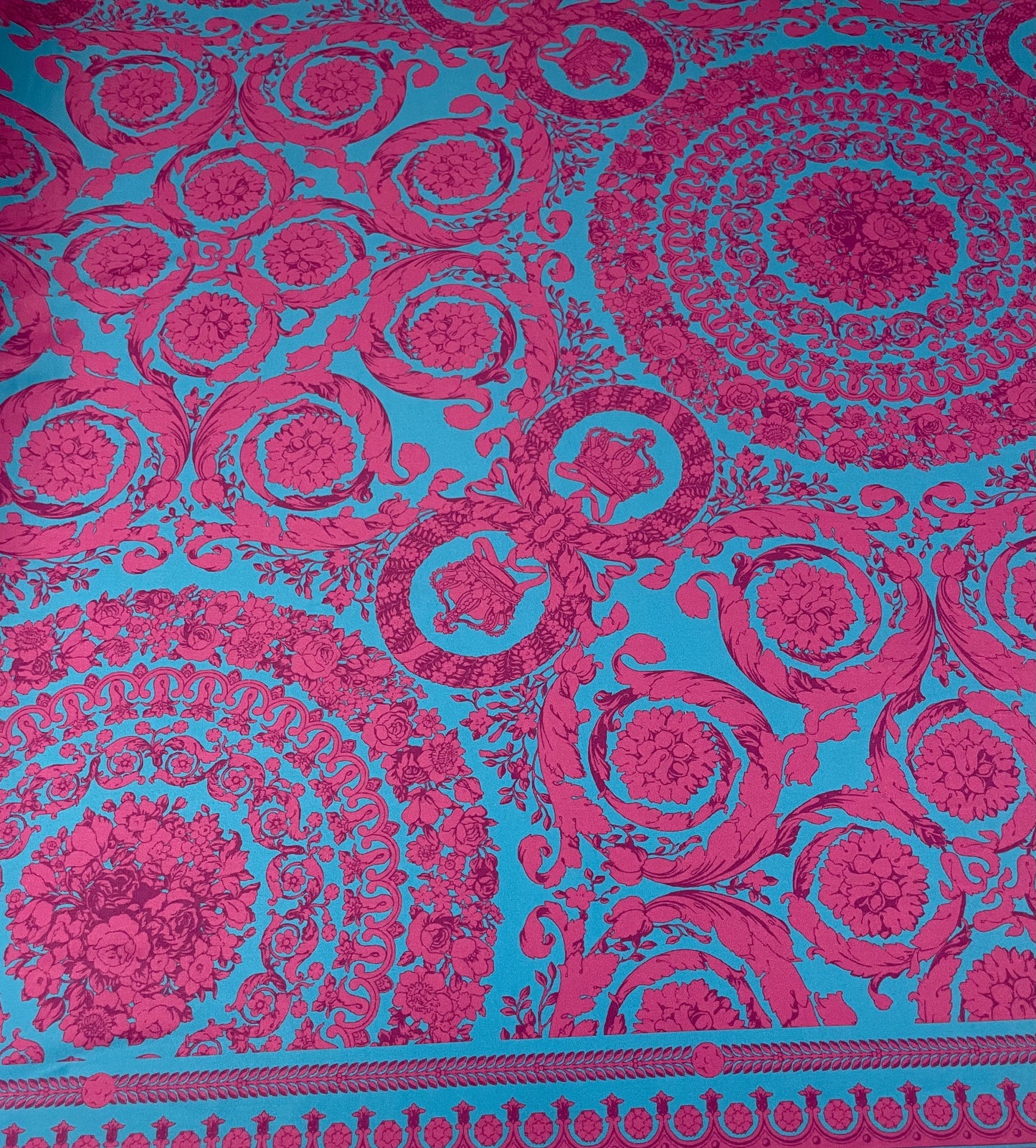 Baroque Floral Lycra Stretch Fabric Turquoise Pink by the Metre