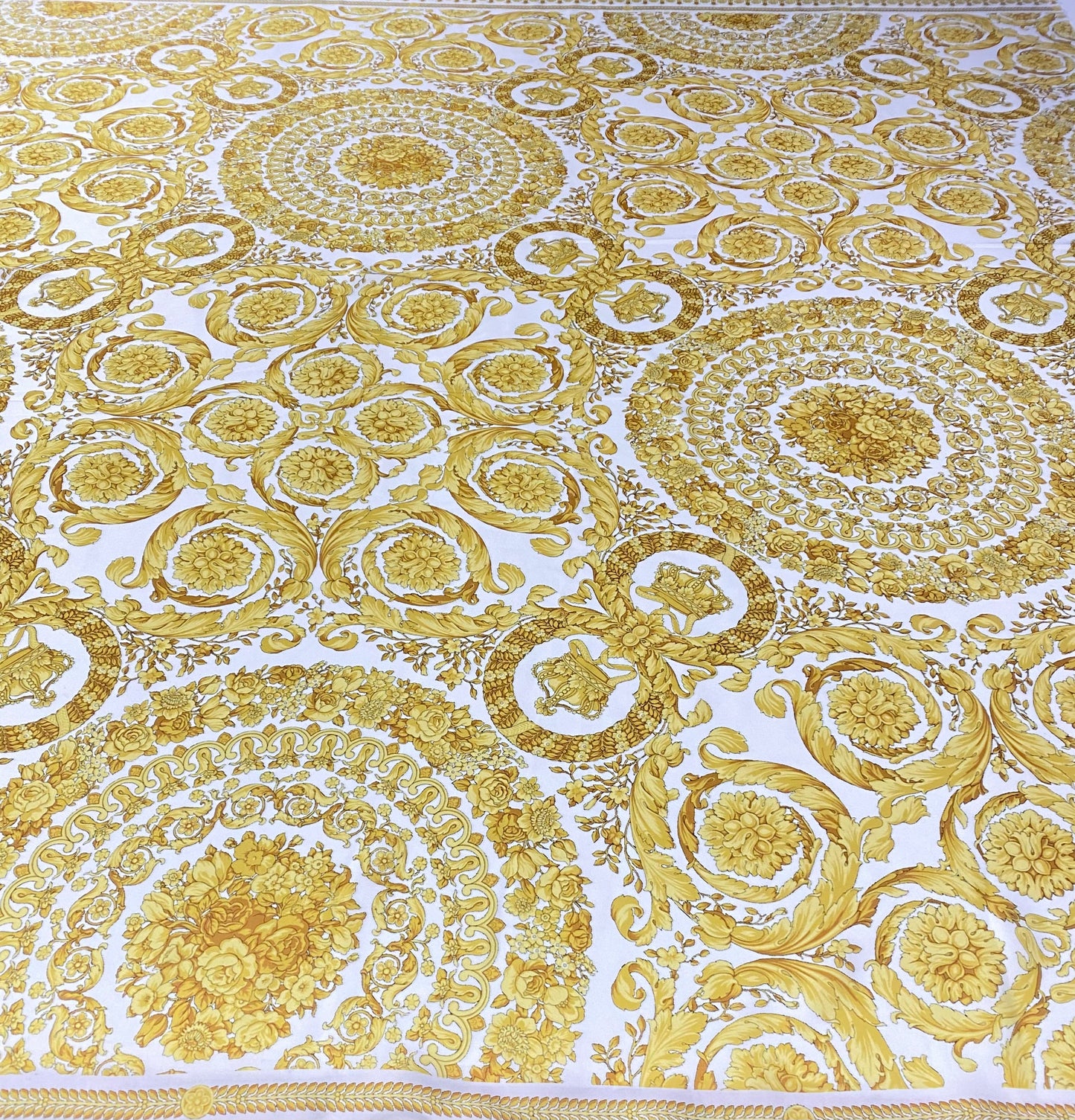 Gold Baroque Medallion Scroll White Fabric by the Metre