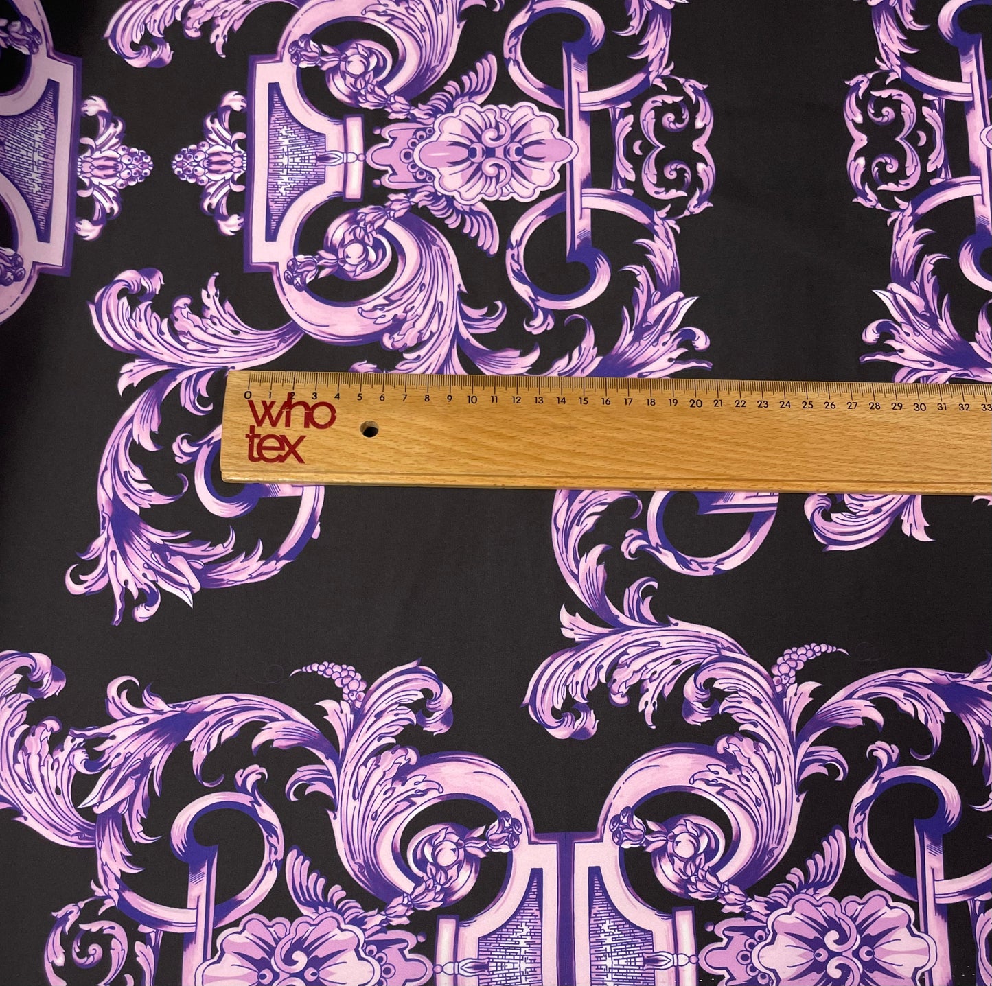 Black Satin Fabric with Purple Baroque Pattern