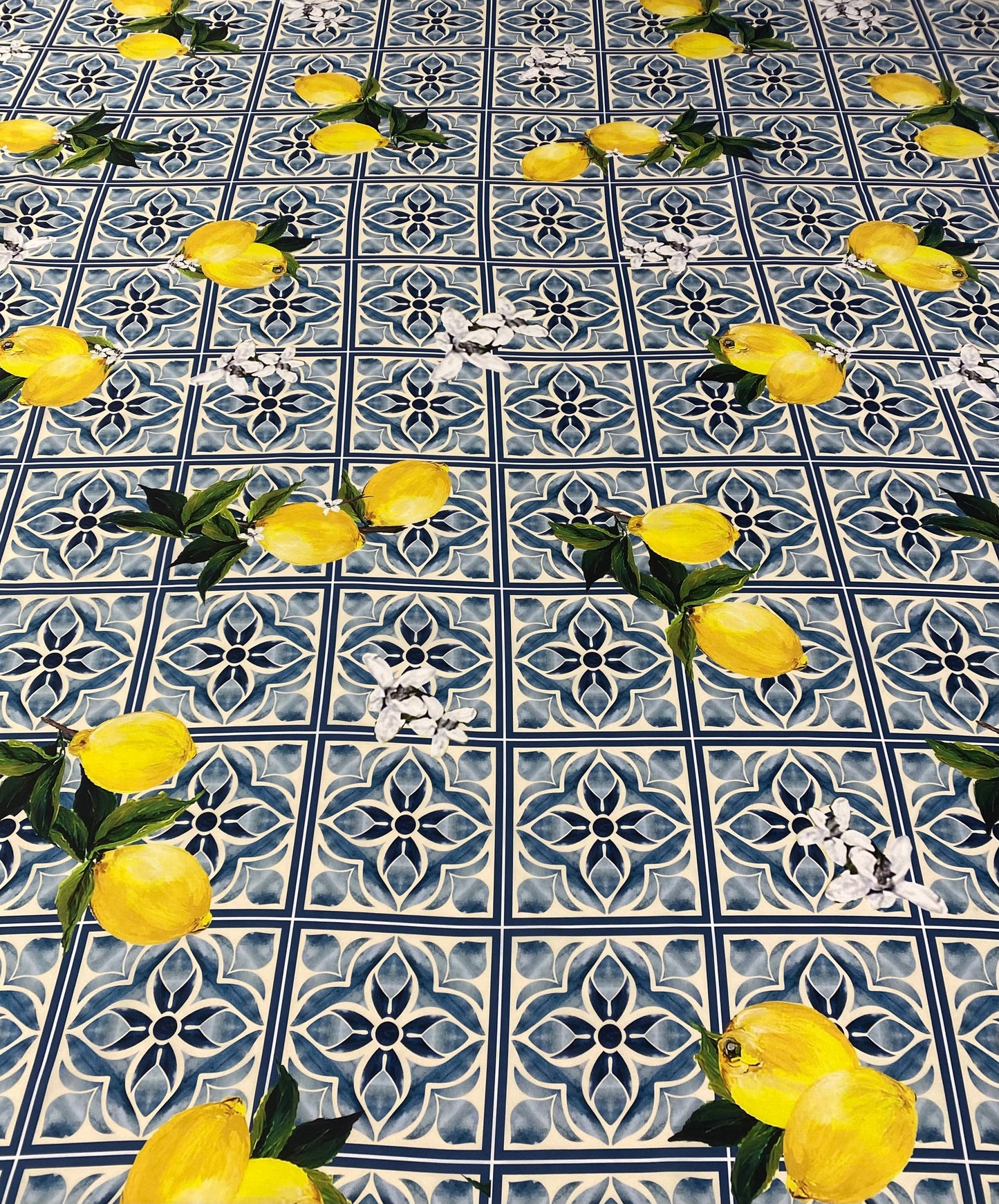 Mediterranean Lemon and Blue Tile Print Fabric