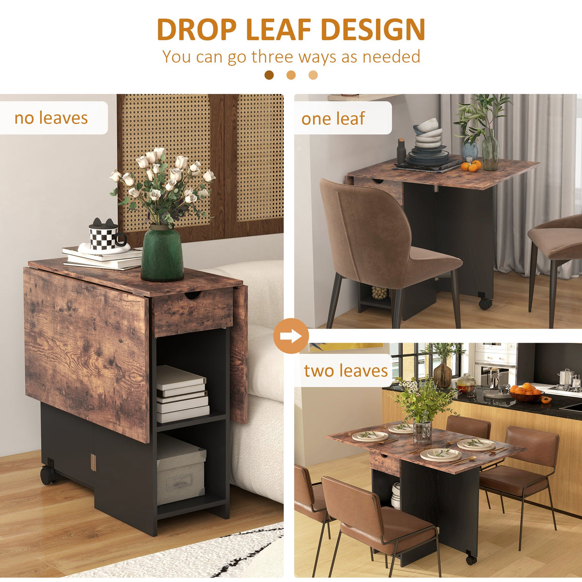 HOMCOM Foldable Dining Table, Drop Leaf Table with Storage, Rustic Brown
