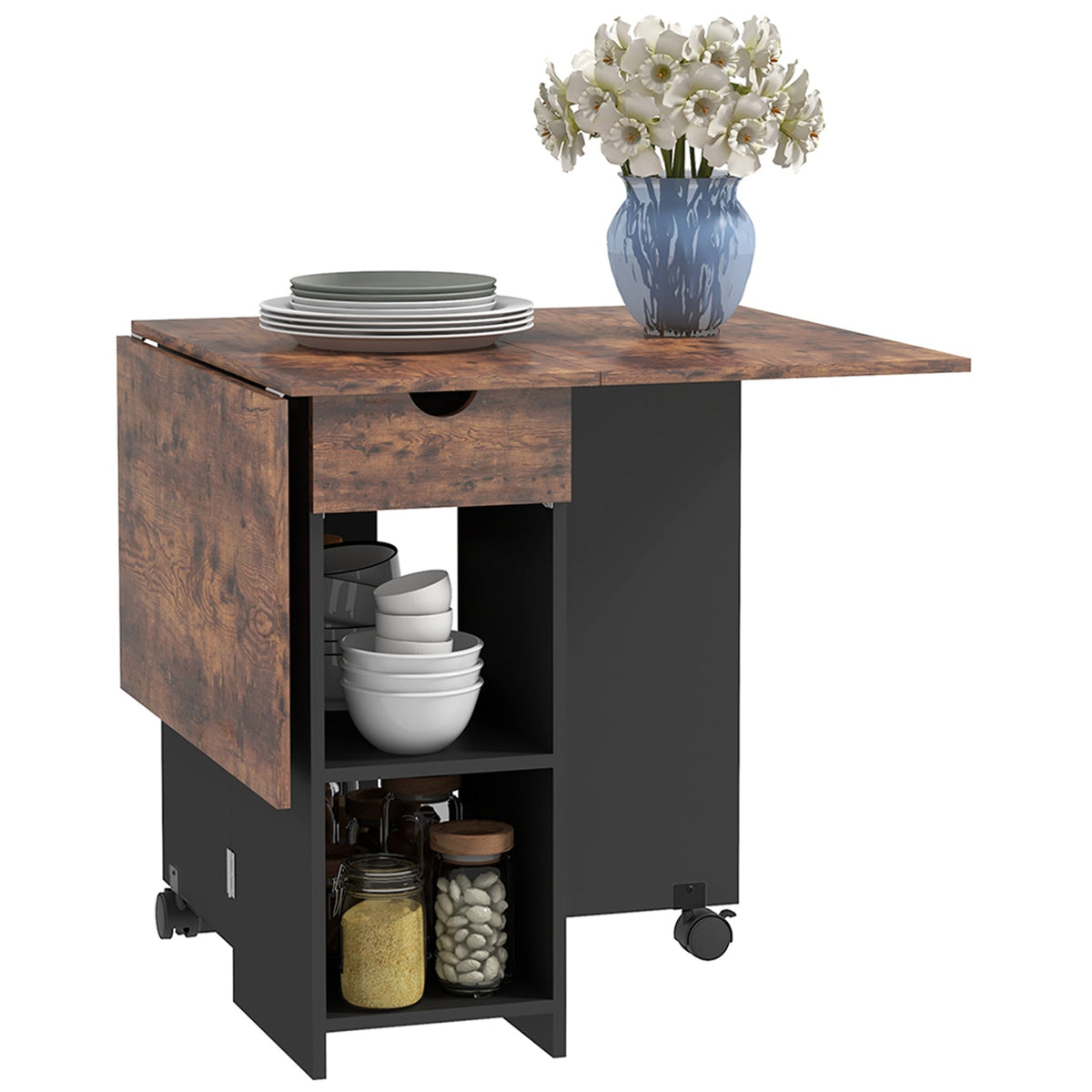 HOMCOM Foldable Dining Table, Drop Leaf Table with Storage, Rustic Brown
