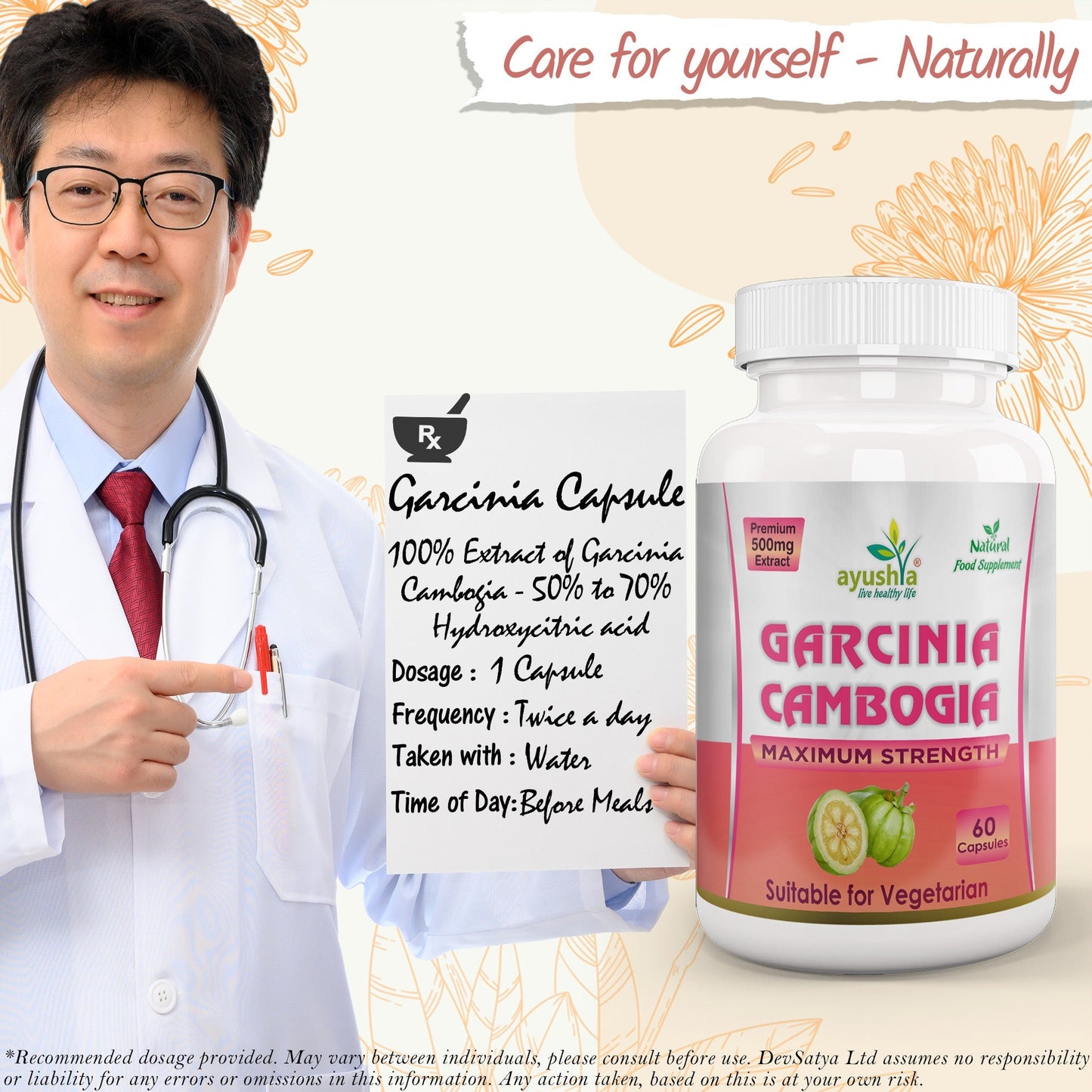 Ayushya Garcinia Cambogia Capsules (Malabar Tamarind) Healthy Weight Support - Vegan, Gluten Free, Non-GMO, 60 Capsules
