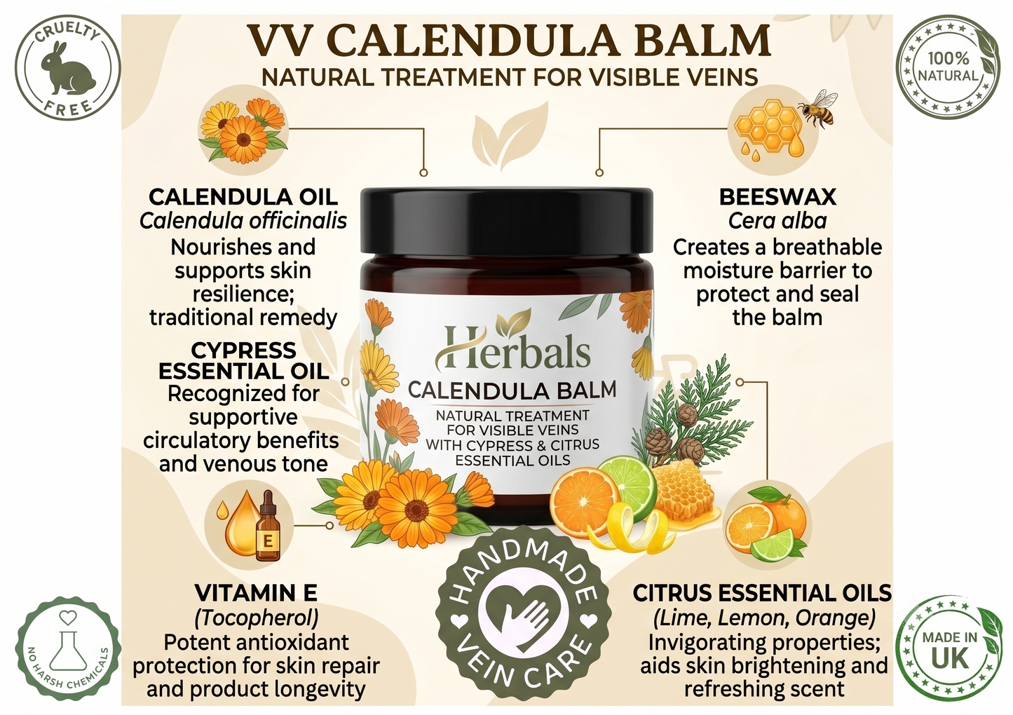 Calendula Balm - Natural Treatment for Visible Veins, Varicose Veins, Acne Handmade
