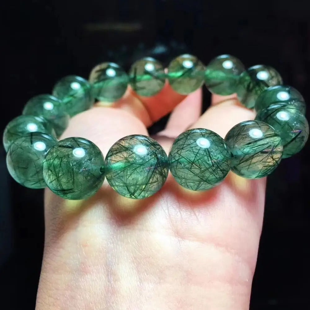 Natural Green Rutilated Quartz Gemstone Bracelet, Size 8-12mm