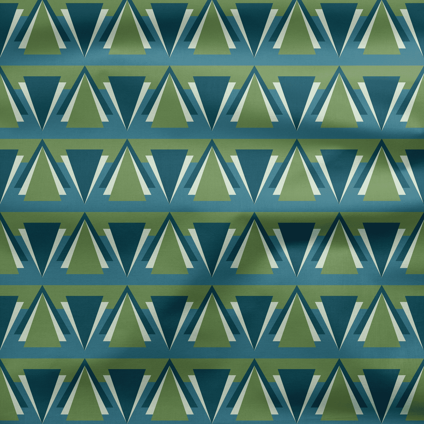 Green and Blue Art Deco Geometric Cotton Drill Fabric
