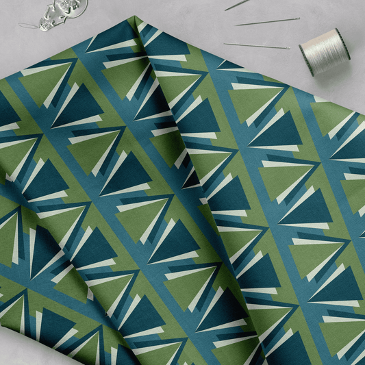 Green and Blue Art Deco Geometric Cotton Drill Fabric