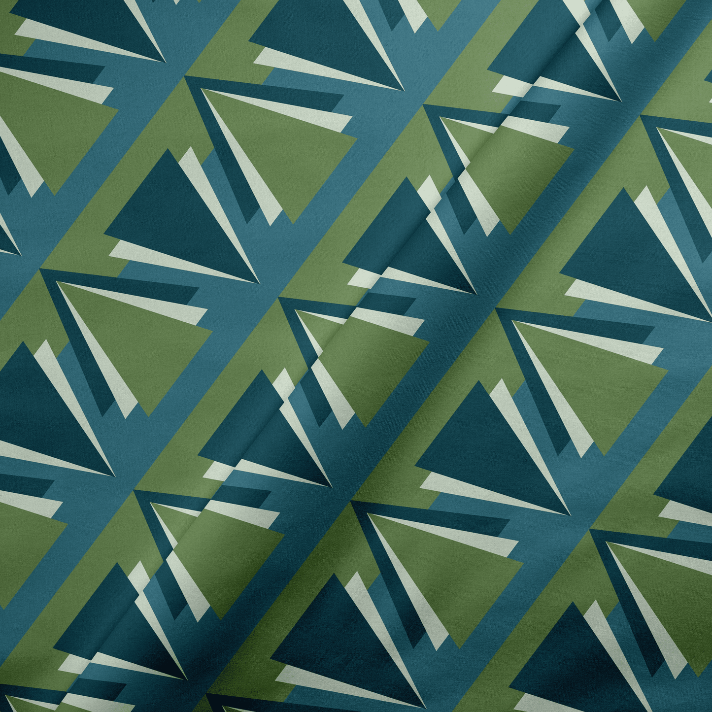 Green and Blue Art Deco Geometric Cotton Drill Fabric