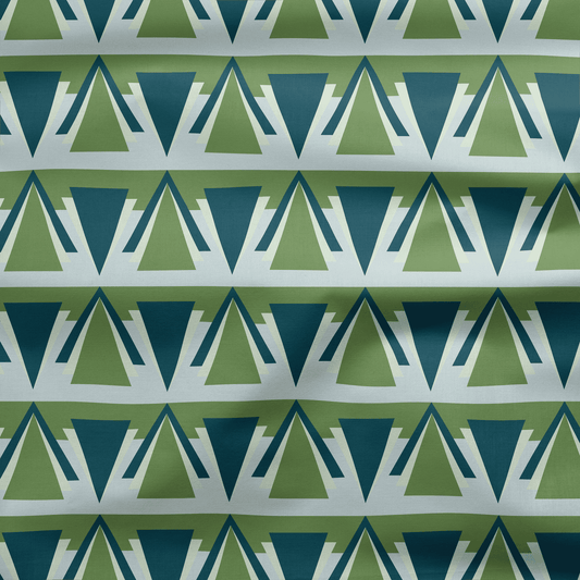 Green and Grey Art Deco Geometric Cotton Drill Fabric