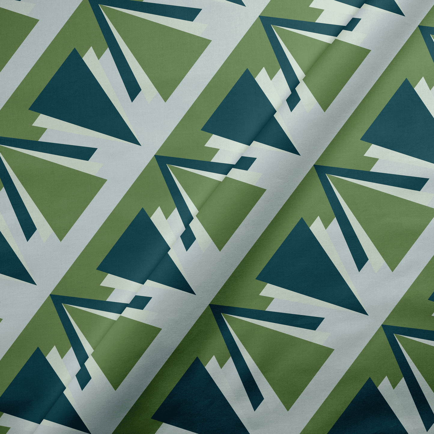Green and Grey Art Deco Geometric Cotton Drill Fabric