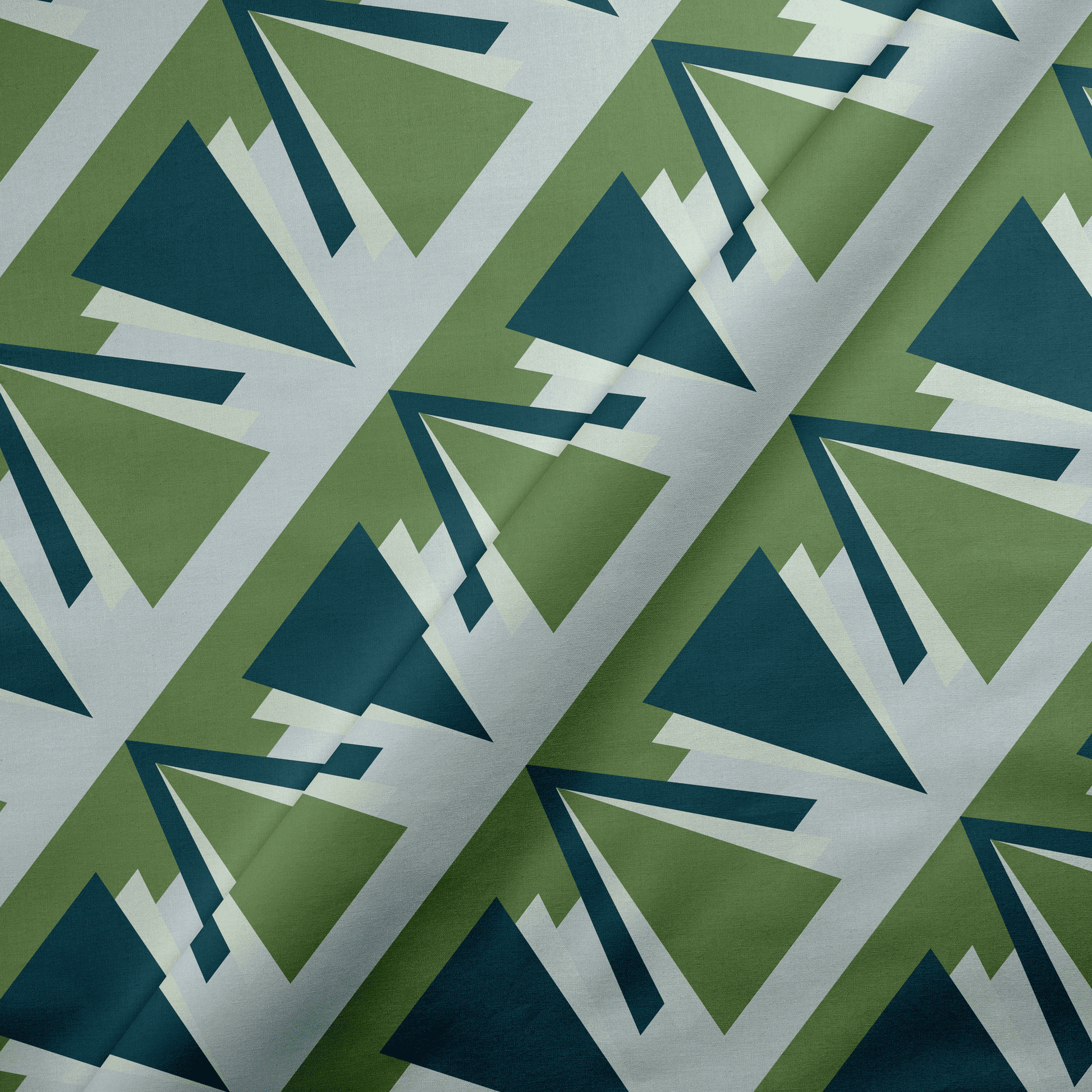 Green and Grey Art Deco Geometric Cotton Drill Fabric